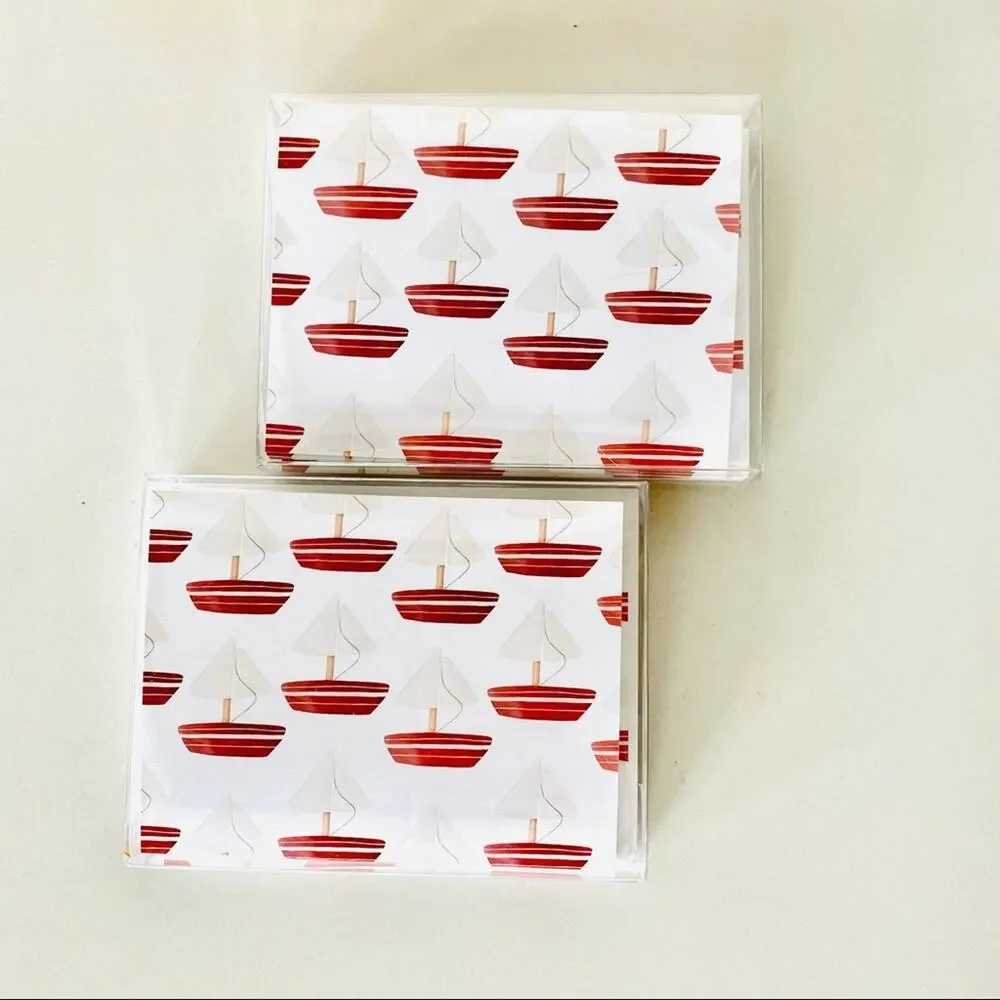 2 NEW ANTHROPOLOGIE White Red Illustrated Sailboats Nautical Card Notecards s/10